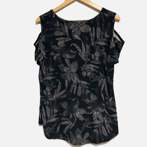 JM Collection Cut out Shoulder Short Sleeve Blouse White Dotted Flower Print PXL - Picture 2 of 3